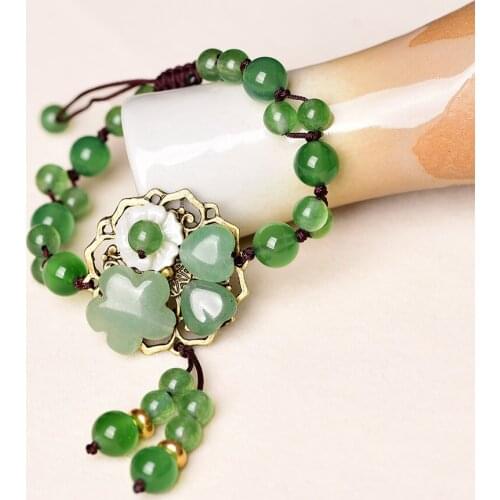 Jade Stone Jadeite Emerald Flower Bracelet Charm Jewellery Fashion Accessories Chinese Carved Amulet Gifts for Women Her