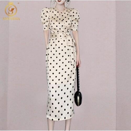 SMTHMA New Fashion 2021 Womens Summer Dresses Elegant Sexy V-Neck Lace Up Long Dress Vestidos