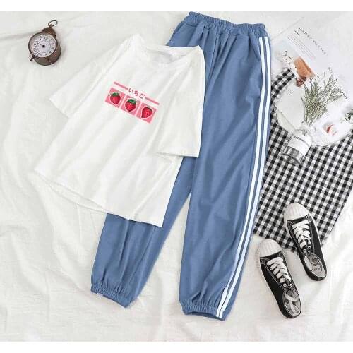 Japanese Fashion Casual 2 Piece Sets Womens Outfits Strawberry Print Tracksuits for Women Female Short Sleeve Trouser Suits
