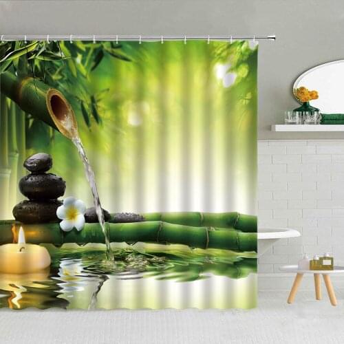3D Black Zen Stones Shower Curtain Spring Green Scenery Bamboo Polyester Fabric Bathroom Supplies Cloth Curtains Decor Washable