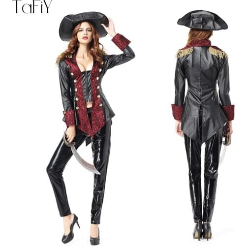 TaFiY 2018 Sexy Women Pirate Costume Halloween Fancy Party Carnival Faux leather Costume Set Sexy Adult Pirate Cosplay Costumes