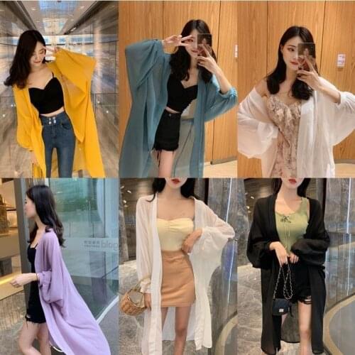 2021 Summer New Puff Sleeve Sun-Proof Clothing Coat Loose Vacation Mid-Length Chiffon Cardigan Top Womens Clothing