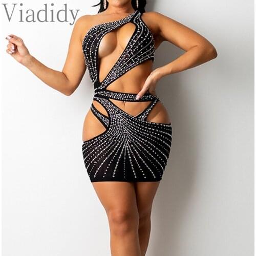 Women Sexy Hollow Out One Shoulder Rhinestone Design Sheer Mesh Night Club Party Dress