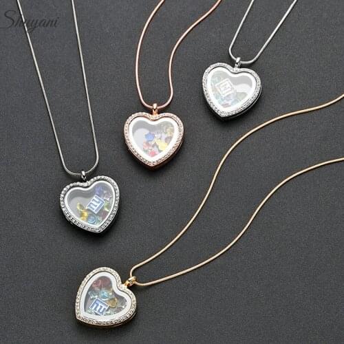 10Pcs Heart Love Shaped Glass Living Memory Locket Pendant Chain Necklaces With Rhinestone Charms Women Party Gift Jewelry
