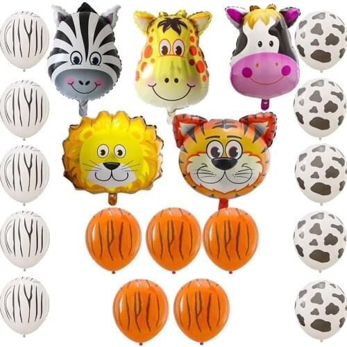20pcs Theme Jungle Safari Latex Balls Animals Head Foil Balloons Baby Gifts Birthday Party Decorations Cow Tiger Lion Zebra ball