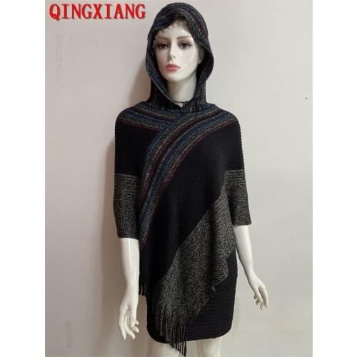 2021 Women Multicolour Knitwear With Hat Autumn Winter Tassel Triangle Faux Cashmere Sweater Plus Size Knitted Long Poncho Shawl