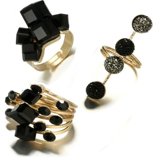 2021 New Vintage Antique Gold Black Rhinestone Opening Knuckle Finger Midi Rings Set for Women Punk Statement Jewelry бижутерия