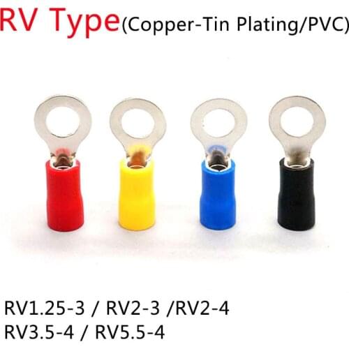 50pcs RV1.25-3 RV2-3 RV2-4 RV3.5-4 RV5.5-4 Wire Terminal Crimp Splice PVC Insulation Circular Round Cold Press Cable End Connect