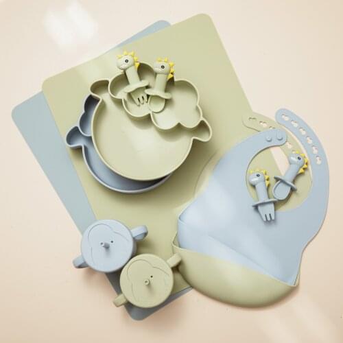 6 Pcs/Set 100% Food Grade Silicone Feeding Tableware Set Cute Sheep Plate Placemat Spoon Fork Set Infant BPA Free Heat-Resistant