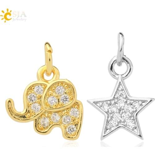 CSJA Elephant Star Rhinestone Charms for Bracelet Earrings Jewelry Making CZ Crystal Beads Gold Color Metal Charms Crafts S712