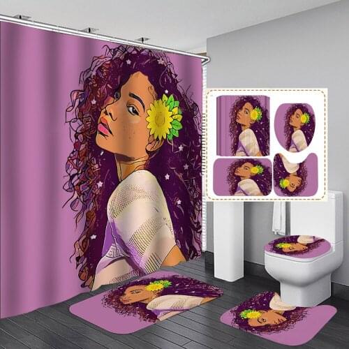Purple Africa American Beautiful Gril Printed Bathroom Shower Curtain Set Flower Non-Slip Rugs Toilet Lid Cover and Bath Mat