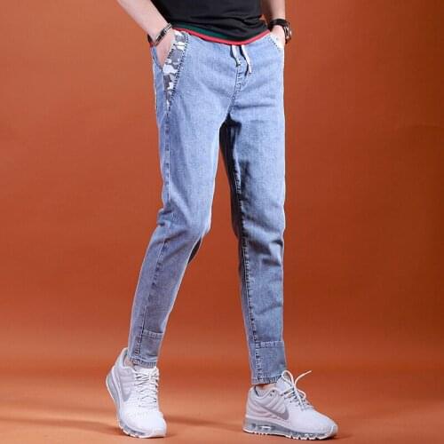 Summer Mens Jeans Casual Camouflage Pockets Spliced Ankle-Length Pants Light Blue Drawstring Denim Trousers