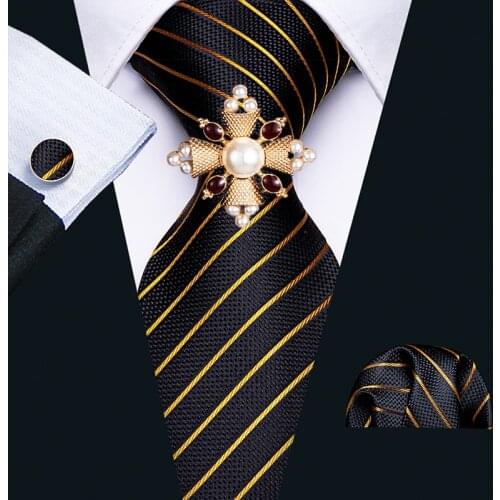Men Striped Ties Black/Gold Points Necktie Set Pocket Square Cufflinks Brooch Set Fashion for Business Wedding Tie Barry.Wang
