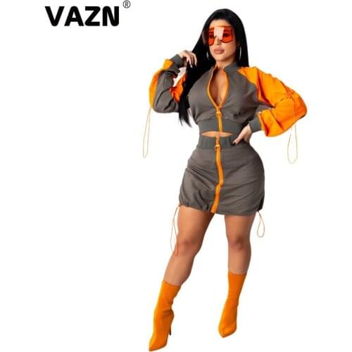 VAZN New Fashion Mujer Chic Ladies Slim Holiday Zippers Patchwork Dress 2020 Full Sleeve V-neck Lady Dress