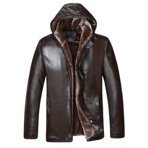 Suitable for Mens Fur one Leather Mens Long Hooded Leather jacket 2018 Winter Faux fur jacket More size M-XXL XXXL