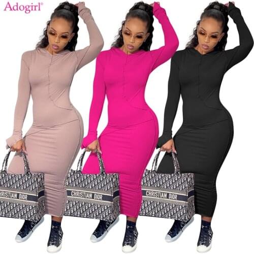 Adogirl Casual Solid Hooded Maxi Dress Women Fashion Cotton-Like Flare Full Sleeve Slim Bodycon Autumn Long Robe Vestidos