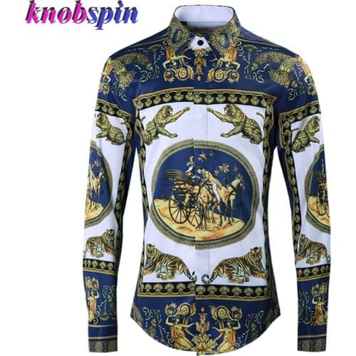 Europe Fashion Style Print Shirt men Brand quality Full sleeve Slim Casual Business male dress shirts Plus size 4XL Camisas