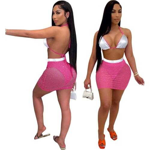 Sexy Sequined Skirts 2 Piece Set Women Summer Beach wear Lace Up Crop Top + Sheer Mesh See Through Mini Skirt Club Two Piece Set