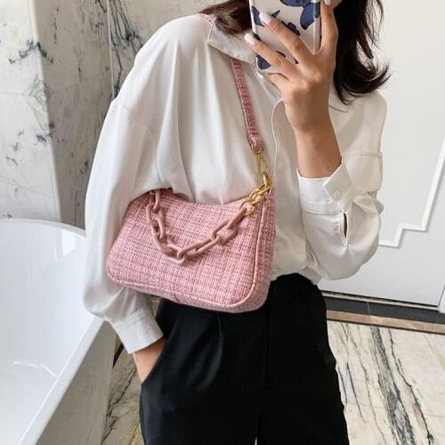Women Knitted Shoulder Bag Light Acrylic Chain Handbag Soft Cloth Tote Cute Small Underarm Bags Sweet Zipper Purse For Ladies