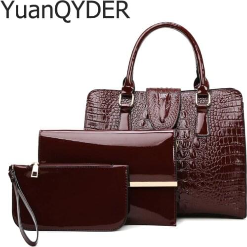 3 Sets Fashion Patent Leather Women Tote Bag Luxury Handbags Crocodile Pattern Women Bags Designer Brand Shoulder Messenger Bag