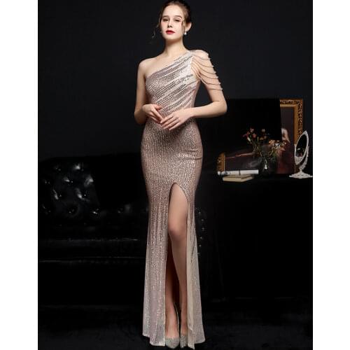 Partysix 2021 White Sexy One Shoulder Bodycon Sequin Dress Women Hollow Out Evening Party Dress Women Maxi Dresses
