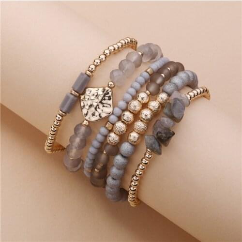 Women Fashion Jewelry 6 pieces/pack Multi Gray Color Beaded Strand Layering Bracelets Set