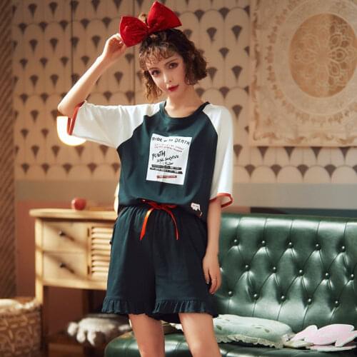 Womens Sleepwear Cute Cartoon Print Full Pure Cotton Pajamas for Women Pajama Set Sweet Short Sleeve T Shirts & Shorts Summer