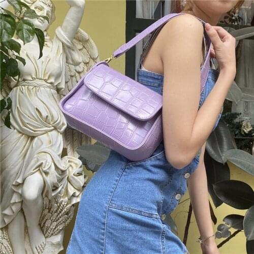 Women Baguette Bag PU Axillary Package Girls Ins Fashion Luxury Alligator Print Elegant Shopping Shoulder Mobile Phone Violet