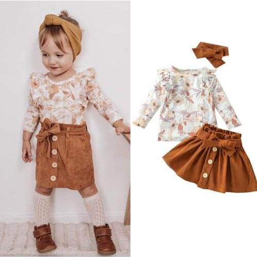 1-5 Years Kids Girls 3pas Outfits Girls Floral Long Sleeves T-Shirt Tops Brown Buttons Skirt Headband Infant Girls Clothing Set