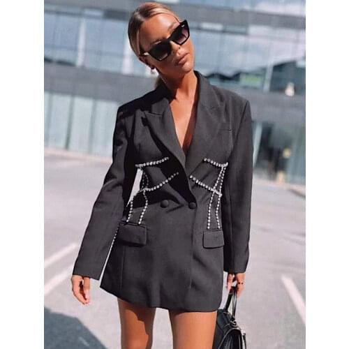Women Autumn Sexy Diamonds Blazer Jacket Black White Elegant Double-Breasted Slim Coat Fashionable Casual Female Clothing Tops