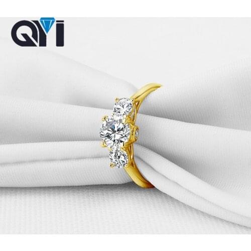 QYI Three Stones Sona Simulated Diamond 14K Solid Yellow Gold Ring 0.8ct Round Cut Women Engagement Band For Wedding Rings