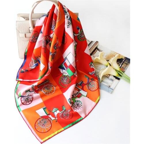 100% Pure Silk Scarf Women Horse Carriage Square Scarves Wraps Head Handkerchief Wholesale Hijabs Silk Foulards Bandana 90x90CM