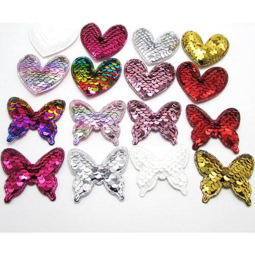 100pcs/lot shine rainbow sequin heart butterfly padded applique for kids headwear garment shoe decorate DIY accessories