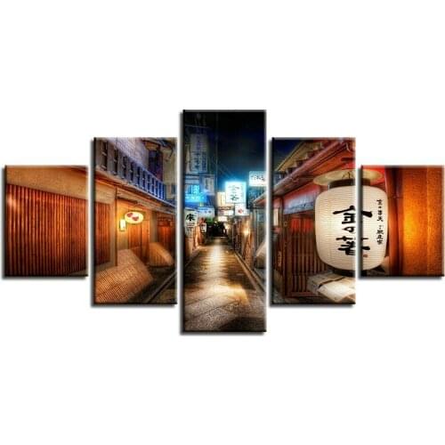 Peaceful Japanese Street at Night 5 PCs Modern Home Wall Decor Canvas Picture Art HD Print Painting On Canvas for Living Room