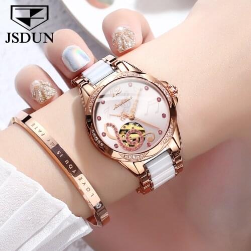 JSDUN Automatic Ladies Watch Luxury Ceramic Women Mechanical Watches Waterproof Diamond Dial Lady Wristwatch Montre Femme 8820