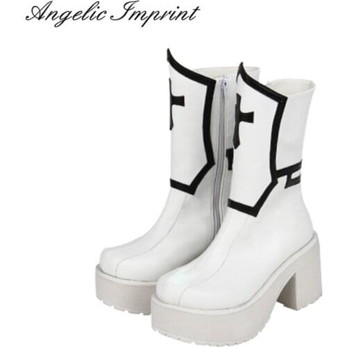 8cm Block Heel Black and White Cross Gothic Punk Lolita Boots Mid-calf Platform Cosplay Boots