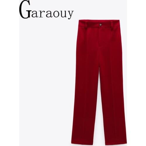 Garaouy 2021 New Women Spring Autumn Straight Pants Vintage Solid Color Red High Waist Zipper Office Trouser Suits Trousers ZA