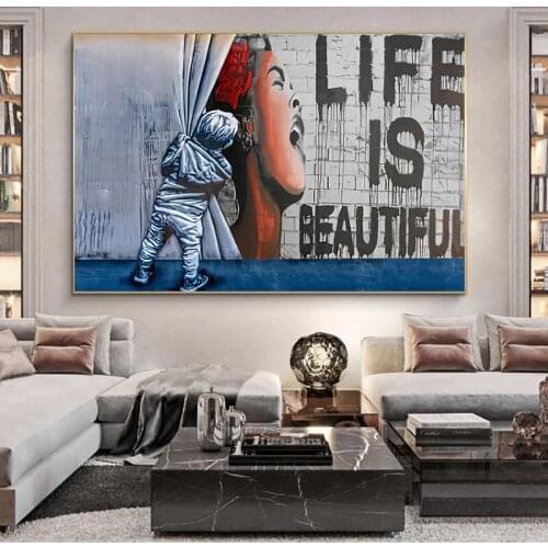 Graffiti Art Canvas Painting Children Like Street Art Behind Curtains Canvas Poster and Print Modern Painting Home Decoration