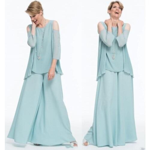 Mint Green Chiffon Mother Of The Bride Pants Suits Scoop Neck Wedding Guest Dress Floor Length Long Sleeve Evening Gown