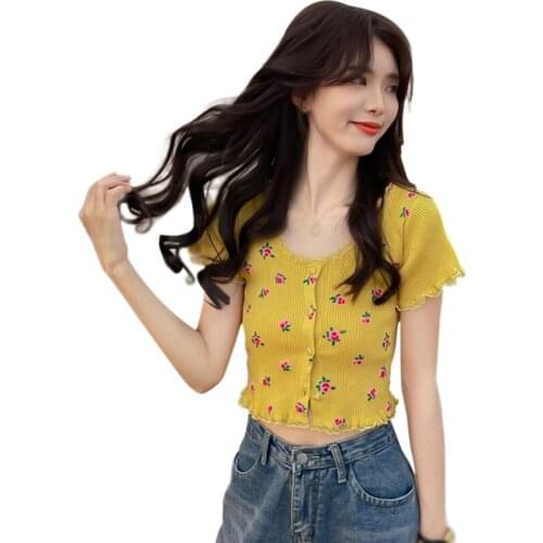 EFINNY Korean Style Summer Floral Print T Shirts O Neck Lace Button Short Exposed Navel Tops Cute Short-Sleeved Knitted T-Shirt