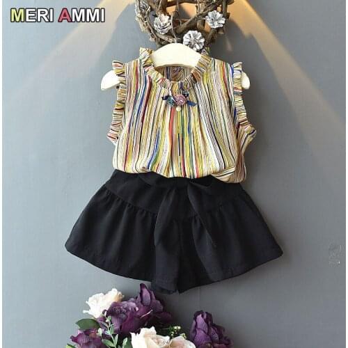 MERI AMMI 2 pcs Clothing Set Children Girl Summer Outfit Stripes Tee +Bowknot Shorts Outwear For 2-7 Year Baby Girl