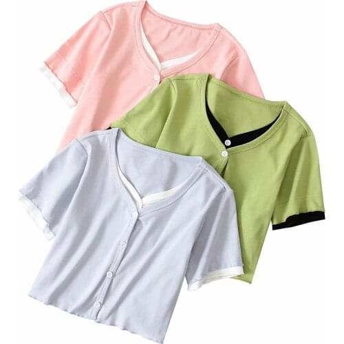 Sweet Women Soft Cotton V Neck Shirt 2021 Summer Fashion Ladies High Street Slim Shirt Female Solid Color Short Shirt Top