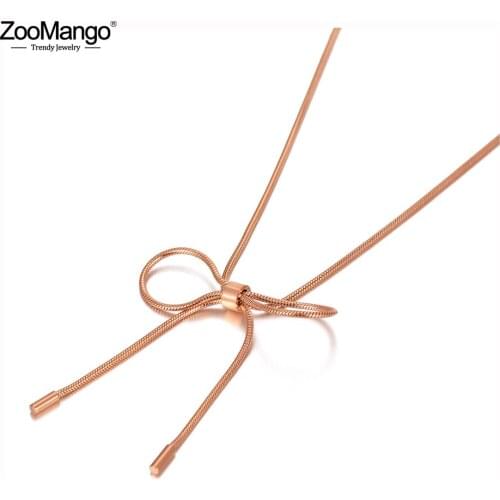 ZooMango Trendy Bohemia Stainless Steel Bowknot Charm Choker Necklaces Snake Chain Pendant Necklace For Women цепочка ZN20062