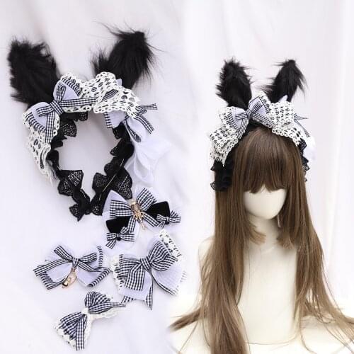 Alice Sisters Headpiece Lolita Girl Kawaii Hair Clip Black And White Grid Bowknot Edge Clamp Plush Rabbit Ears KC Hair Hoop Cute