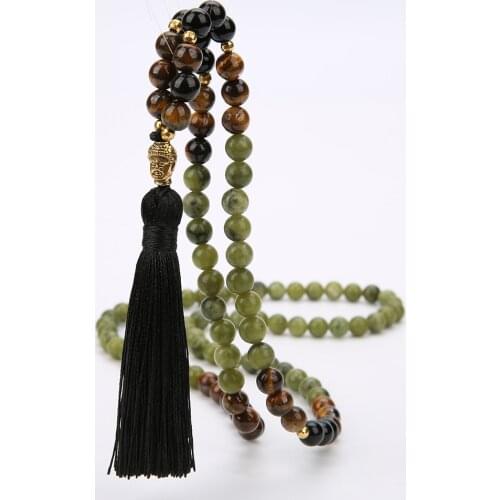108 Mala Beaded Necklace 8MM Southernjade & Black Onyx Japamala Blessing Meditation Buddha Head Tassel Yoga Jewelry