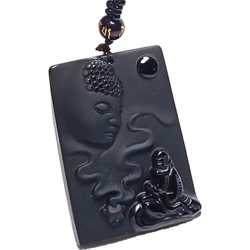 Koraba Natural Black Obsidian Gemstone Buddha Pendant Necklace Women Mens Jewelry