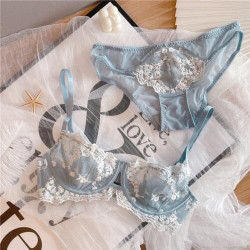 Wriufred Sexy lace underwear womens ultra-thin embroidery bra panty big breasts show small hollow bralette set summer