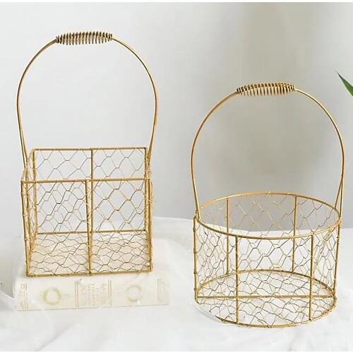 Woven Basket Bouquet Plant Flower Pot Double Handles Art Wedding Decoration Golden Blended Desktop Wrought Iron Round With Hand