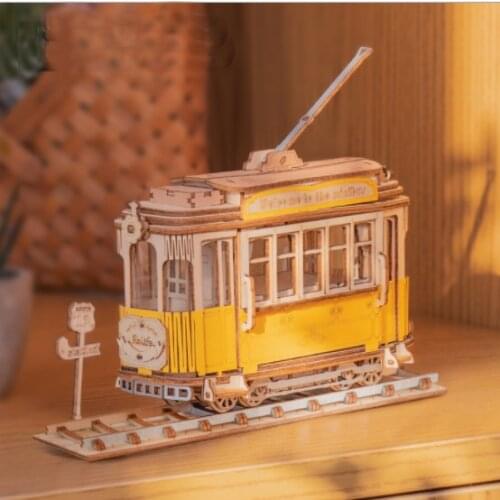 Handmade gift 3d three-dimensional puzzle childrens diy wooden assembly model desktop decoration classic car tram gift