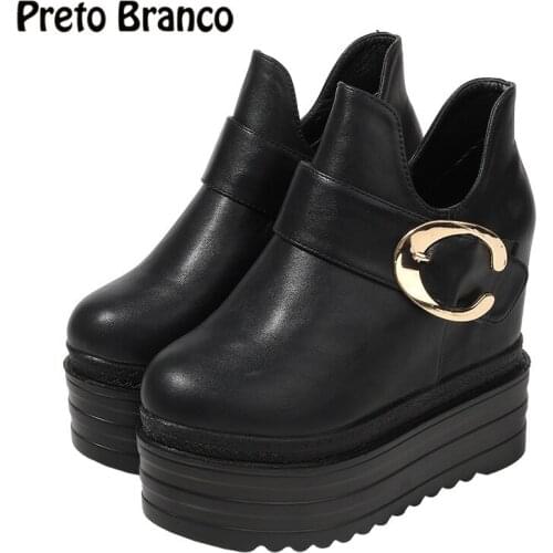 PRETO BRANCO Women 2021 Autumn Winter Wild Short Ankle Boots Black Women Big Buckle Female Boots Women Shoes ZYW-559-3